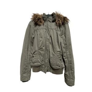Vintage Y2K Hollister Jacket Womens Large Olive Green Faux Fur Lined Hooded